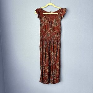 Women's ROXY Viscose Midi Smocked Dress Maroon Abstract Floral Pattern Medium